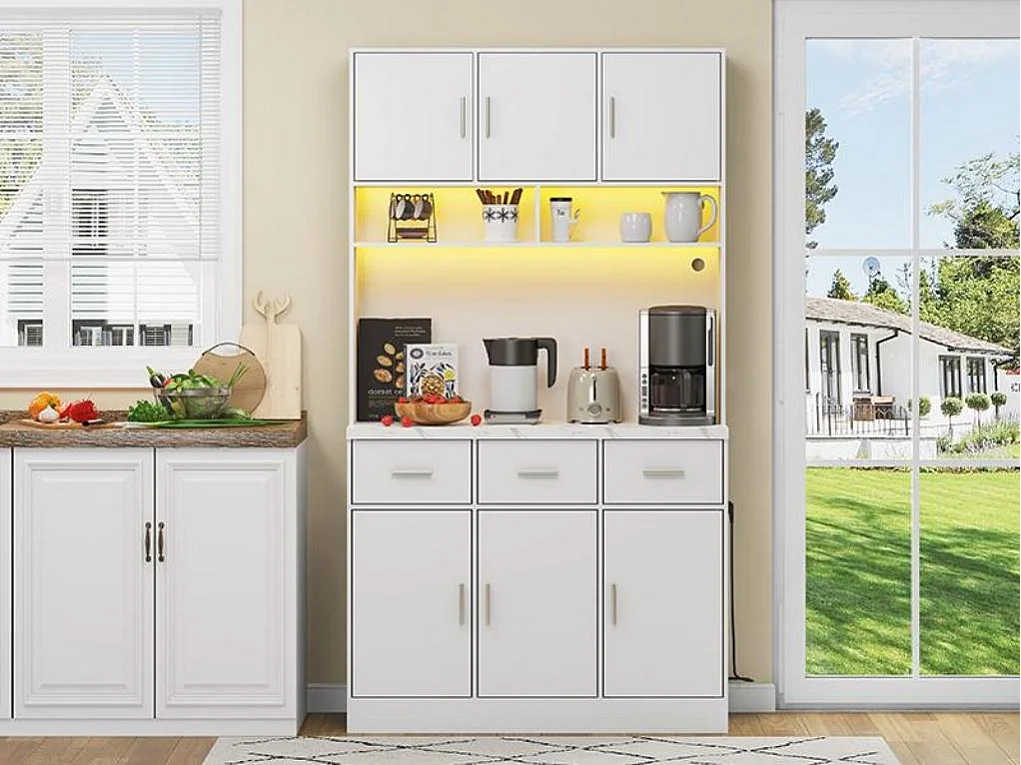 Buffet de cuisine avec LED - 6 portes、3 tiroirs et 3 compartiments ouverts - Blanc