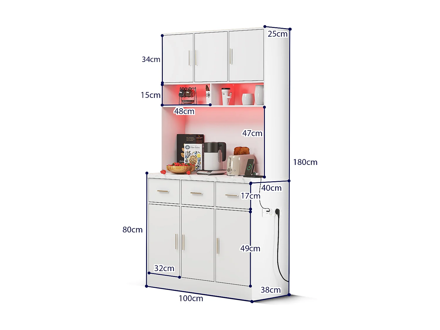 Buffet de cuisine avec LED - 6 portes、3 tiroirs et 3 compartiments ouverts - Blanc