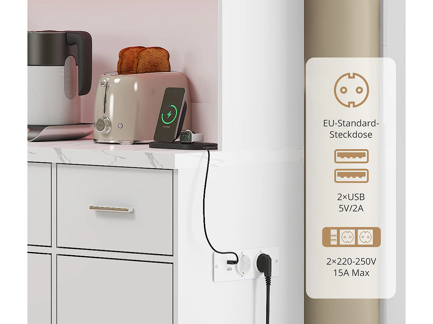 Buffet de cuisine avec LED - 6 portes、3 tiroirs et 3 compartiments ouverts - Blanc