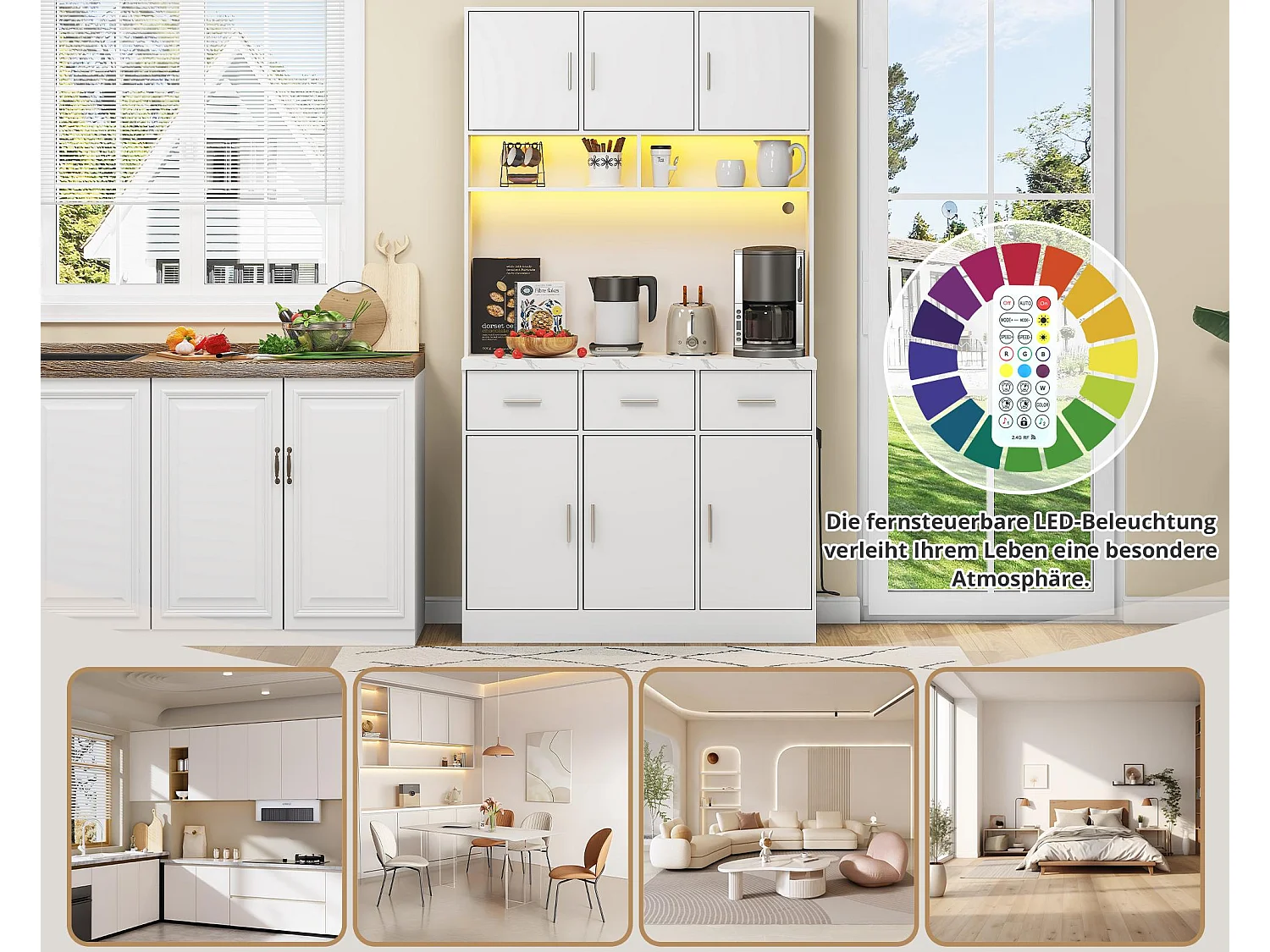 Buffet de cuisine avec LED - 6 portes、3 tiroirs et 3 compartiments ouverts - Blanc