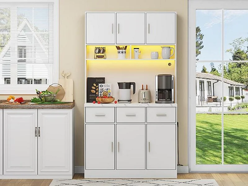 Buffet de cuisine avec LED - 6 portes、3 tiroirs et 3 compartiments ouverts - Blanc