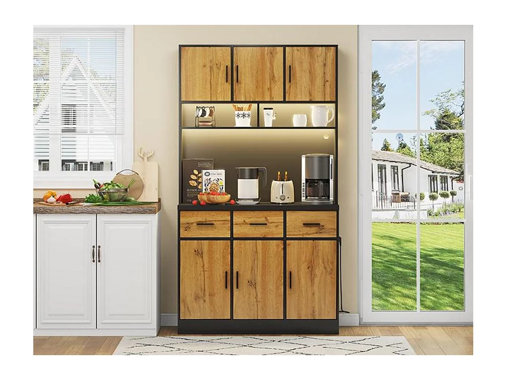 Buffet de cuisine avec LED - 6 portes、3 tiroirs et 3 compartiments ouverts - Naturel