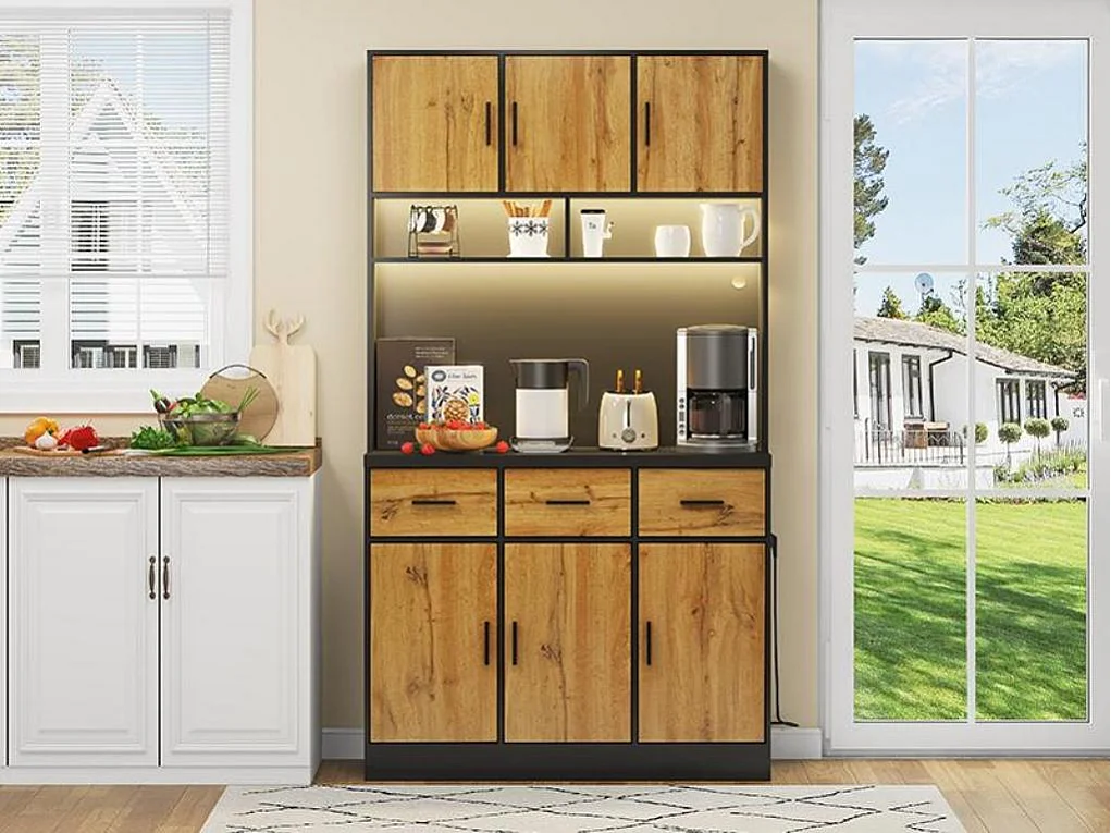 Buffet de cuisine avec LED - 6 portes、3 tiroirs et 3 compartiments ouverts - Naturel