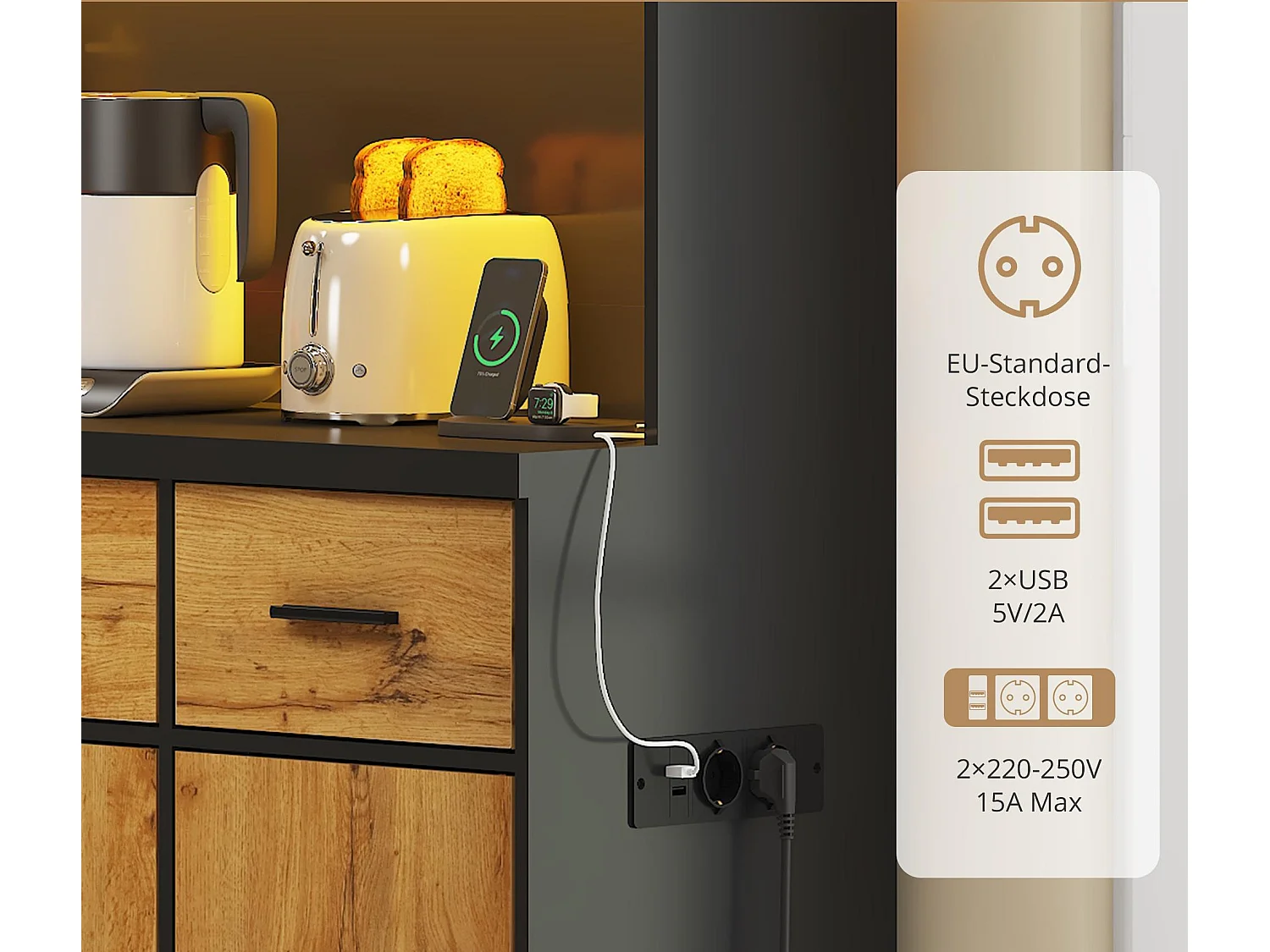 Buffet de cuisine avec LED - 6 portes、3 tiroirs et 3 compartiments ouverts - Naturel