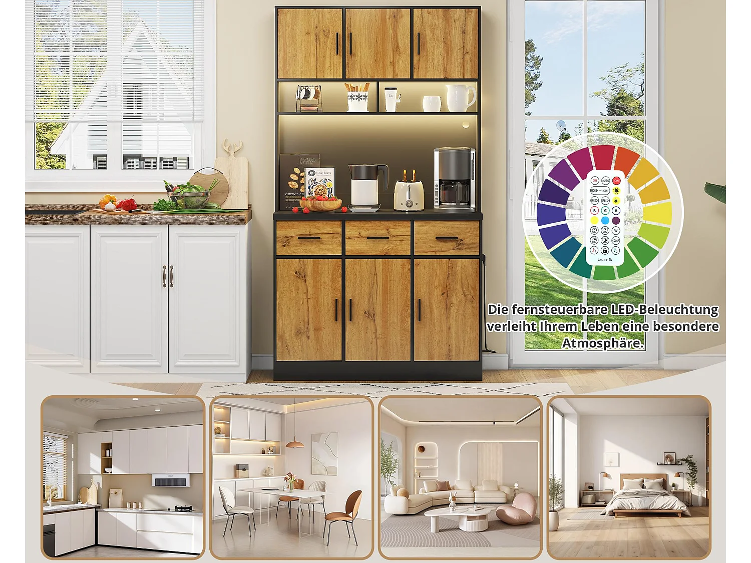 Buffet de cuisine avec LED - 6 portes、3 tiroirs et 3 compartiments ouverts - Naturel