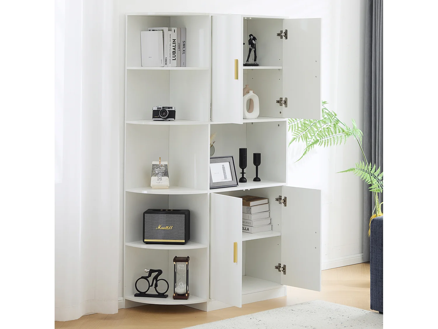 Küchen-Sideboard mit flexiblen Eckregalen – 4 Türen und 6 offene Fächer – Weiß