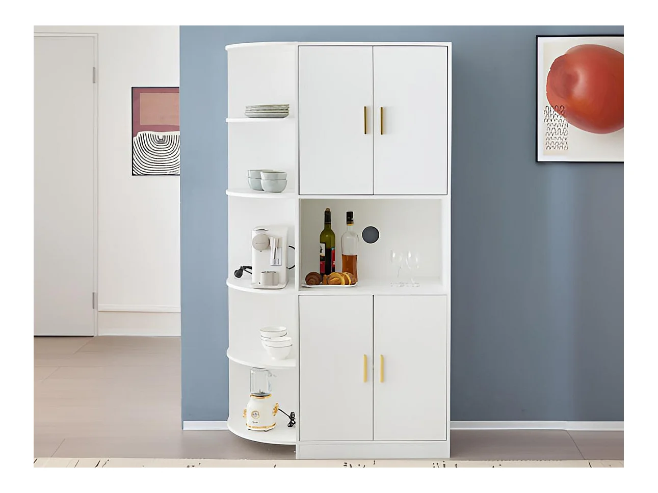 Buffet de cuisine avec étagères d'angle flexibles - 4 portes et 6 compartiments ouverts - Blanc