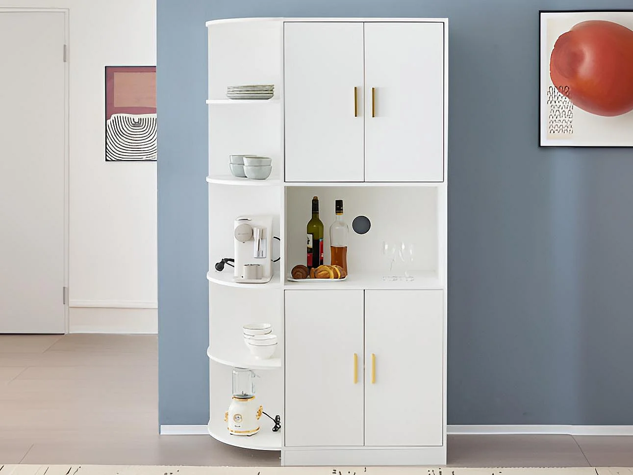 Aparador de cozinha com prateleiras de canto flexíveis - 4 portas e 6 compartimentos abertos - Branco