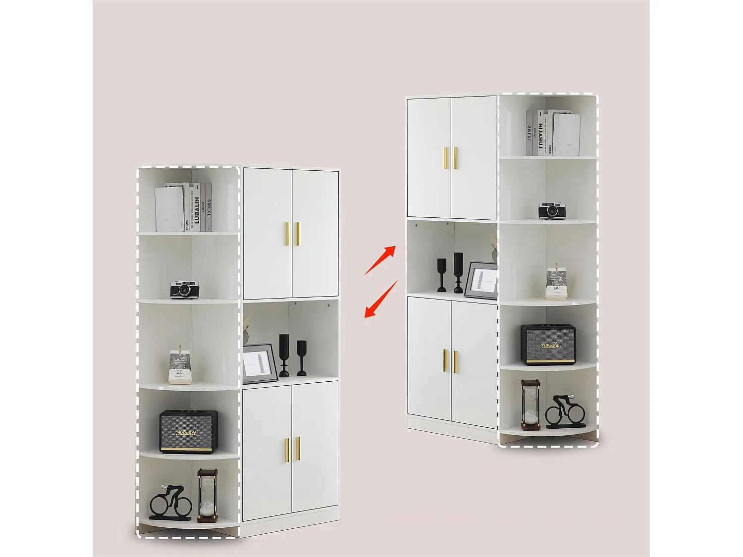 Aparador de cozinha com prateleiras de canto flexíveis - 4 portas e 6 compartimentos abertos - Branco