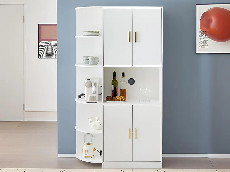 Küchen-Sideboard mit flexiblen Eckregalen – 4 Türen und 6 offene Fächer – Weiß