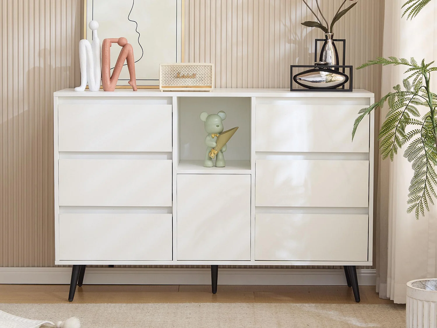 Buffet moderne avec LED - 6 tiroirs et rangements ouverts - 120 x 40 x 80 cm - Blanc