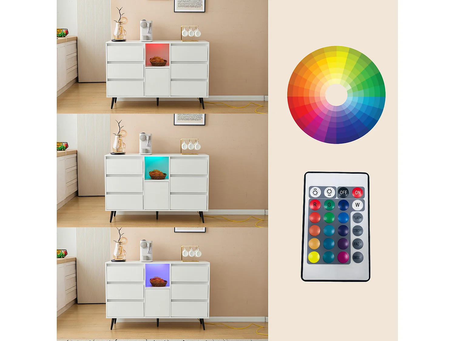 Buffet moderne avec LED - 6 tiroirs et rangements ouverts - 120 x 40 x 80 cm - Blanc