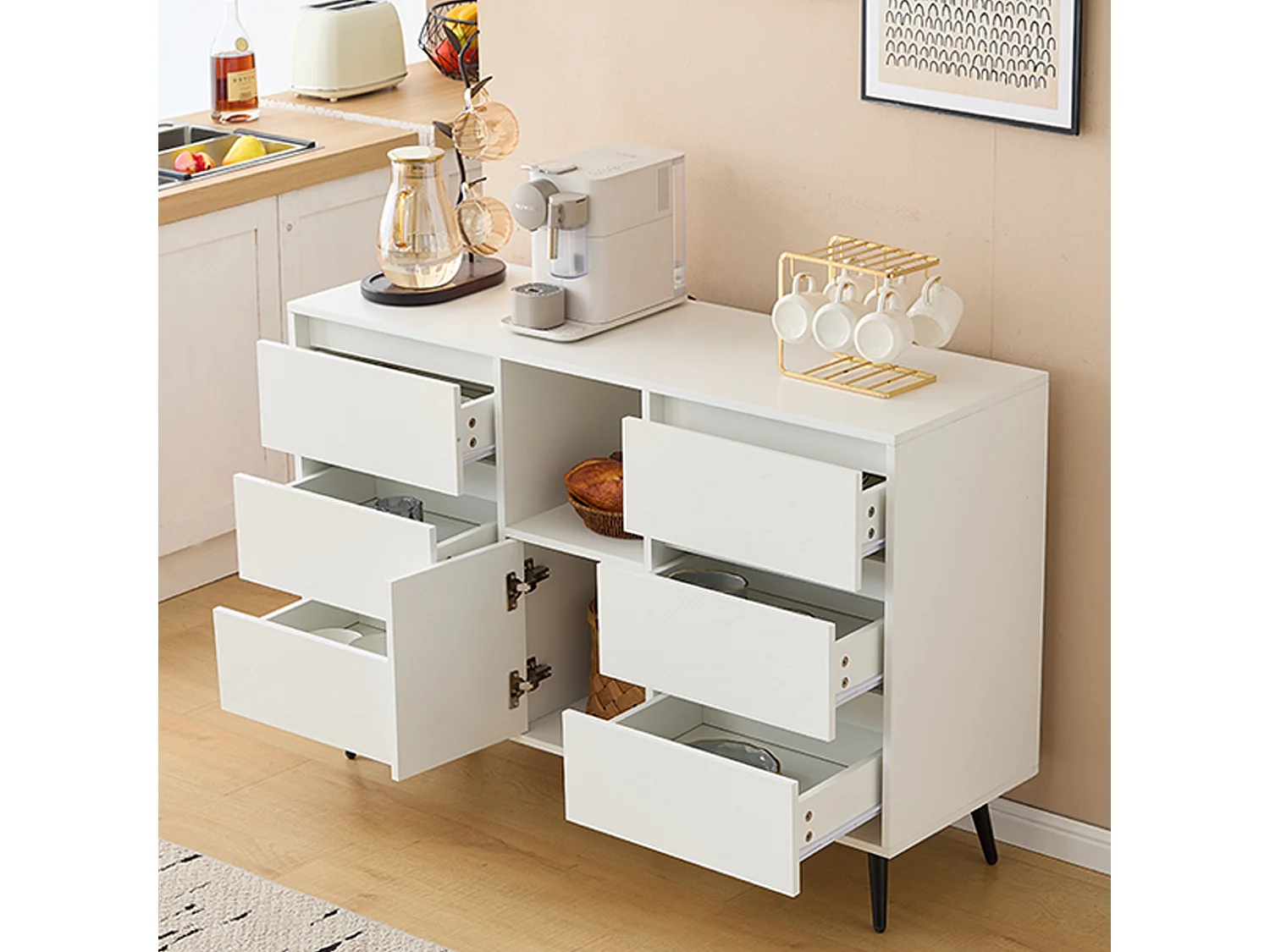 Buffet moderne avec LED - 6 tiroirs et rangements ouverts - 120 x 40 x 80 cm - Blanc