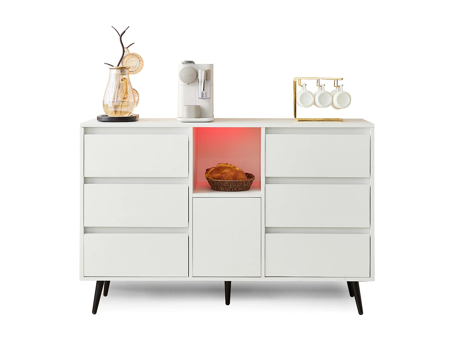 Buffet moderne avec LED - 6 tiroirs et rangements ouverts - 120 x 40 x 80 cm - Blanc
