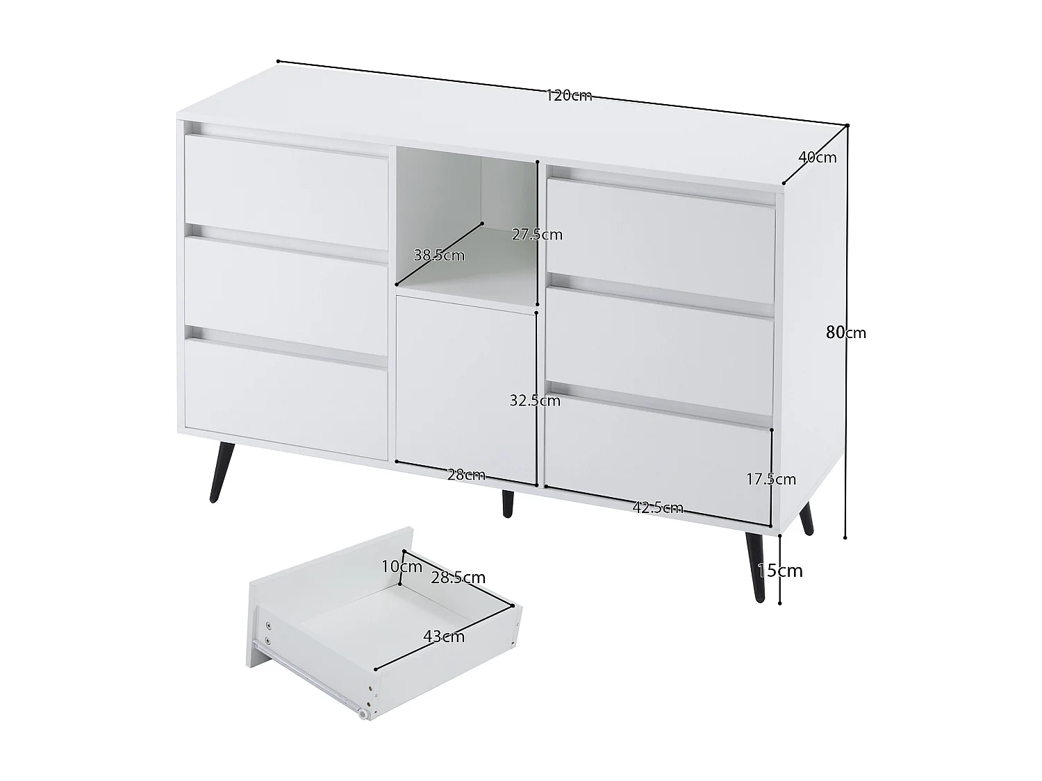 Buffet moderne avec LED - 6 tiroirs et rangements ouverts - 120 x 40 x 80 cm - Blanc
