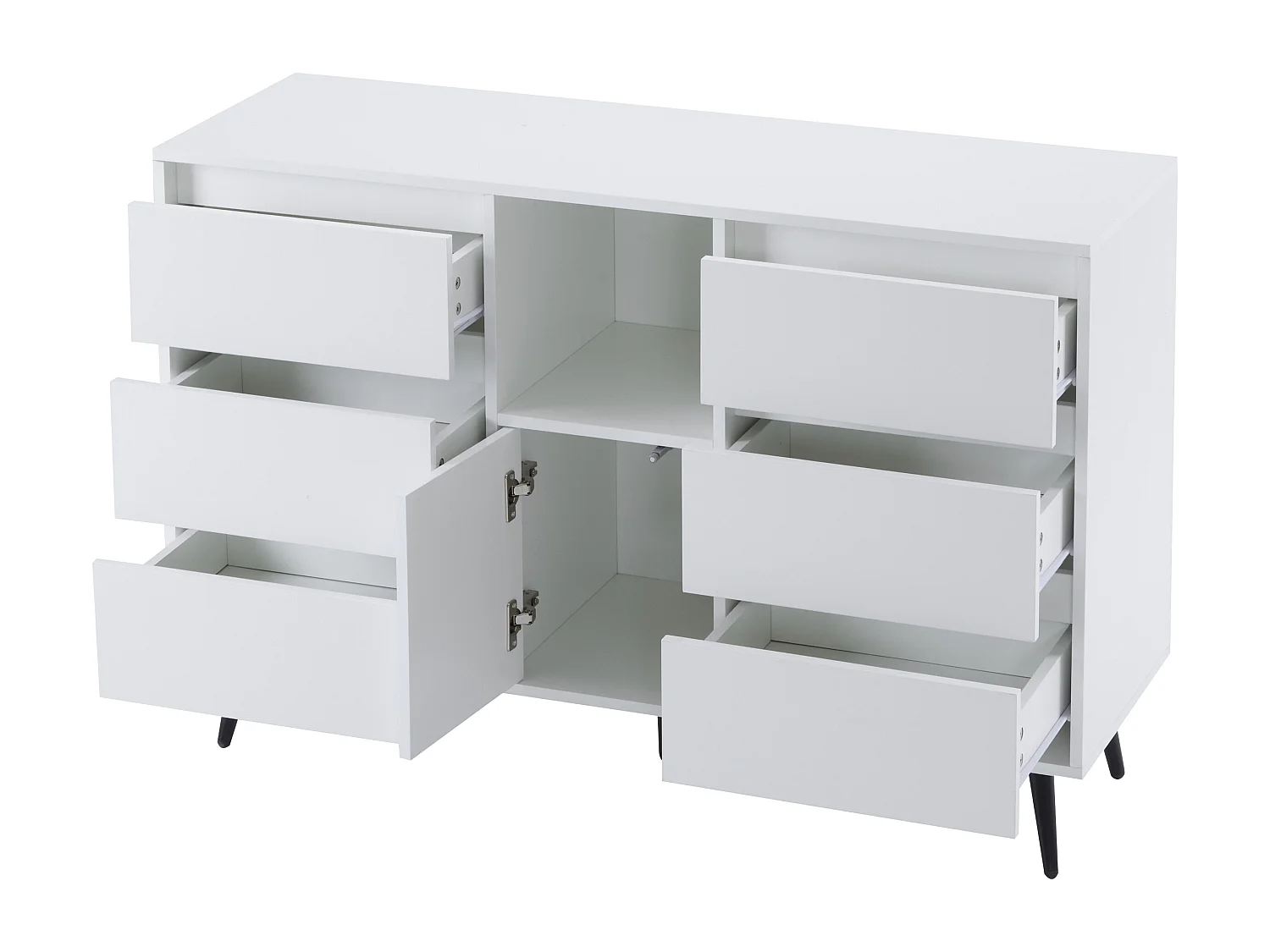 Buffet moderne avec LED - 6 tiroirs et rangements ouverts - 120 x 40 x 80 cm - Blanc