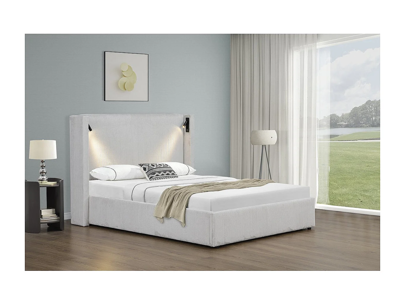 Lit double en velours côtelé avec coffre et lampe intégré "Cortina" - 160 x 200 cm - Beige