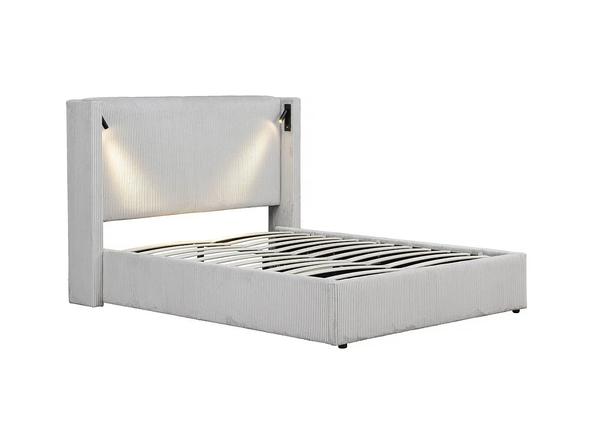 Lit double en velours côtelé avec coffre et lampe intégré "Cortina" - 160 x 200 cm - Beige