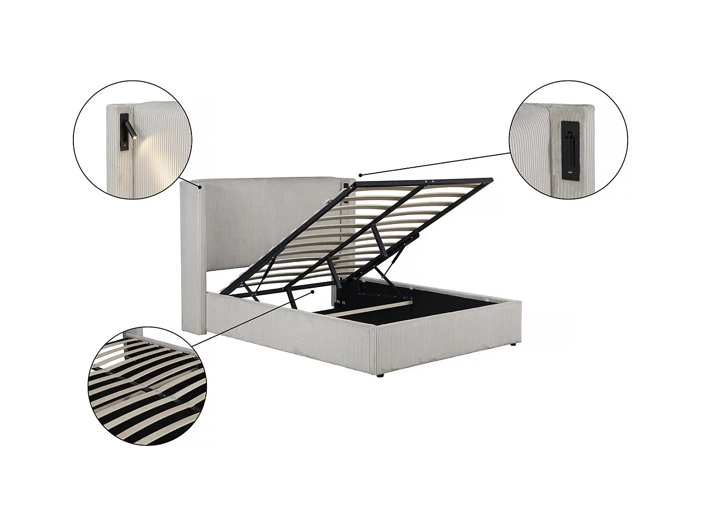 Lit double en velours côtelé avec coffre et lampe intégré "Cortina" - 160 x 200 cm - Beige