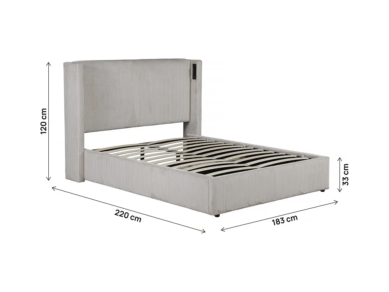 Lit double en velours côtelé avec coffre et lampe intégré "Cortina" - 160 x 200 cm - Beige