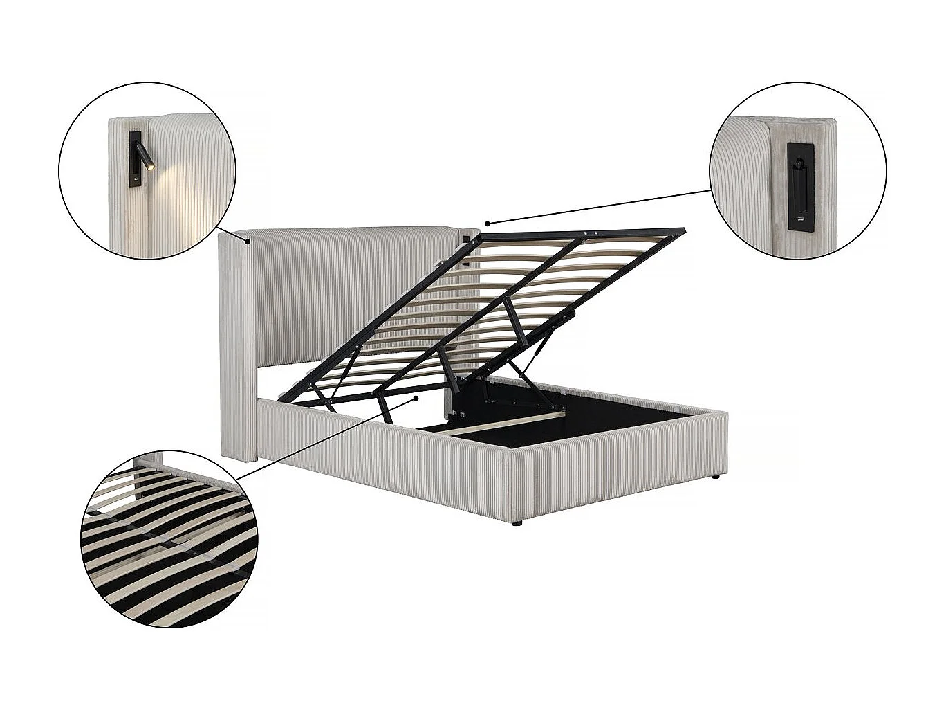 Tweepersoonsbed van ribfluweel met opbergruimte en geïntegreerde lamp "Cortina" - 160 x 200 cm - Beige