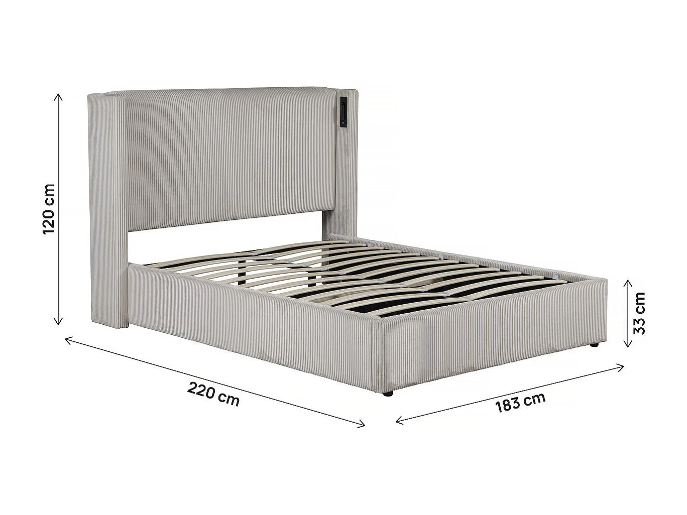 Tweepersoonsbed van ribfluweel met opbergruimte en geïntegreerde lamp "Cortina" - 160 x 200 cm - Beige