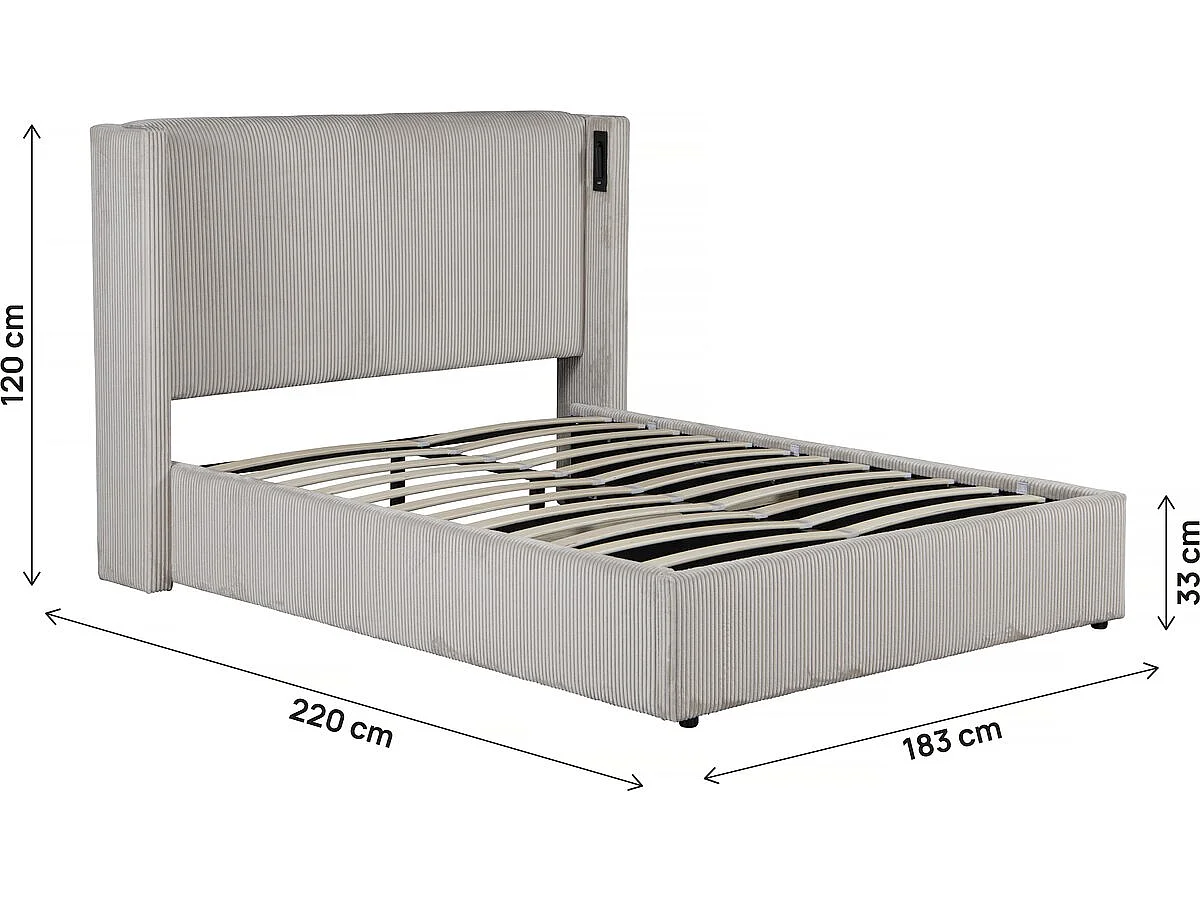 Lit double en velours côtelé avec coffre et lampe intégré "Cortina" - 160 x 200 cm - Beige