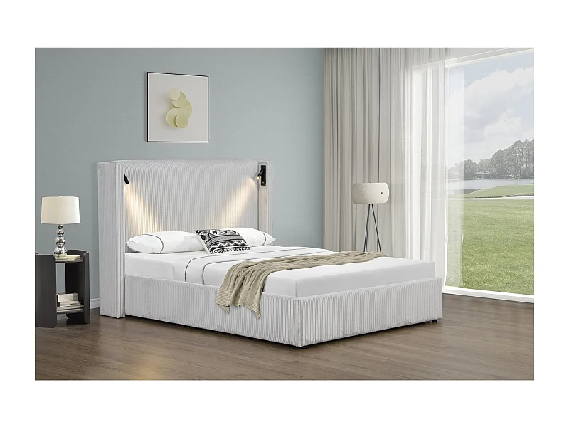 Lit double en velours côtelé avec coffre et lampe intégré "Cortina" - 160 x 200 cm - Beige