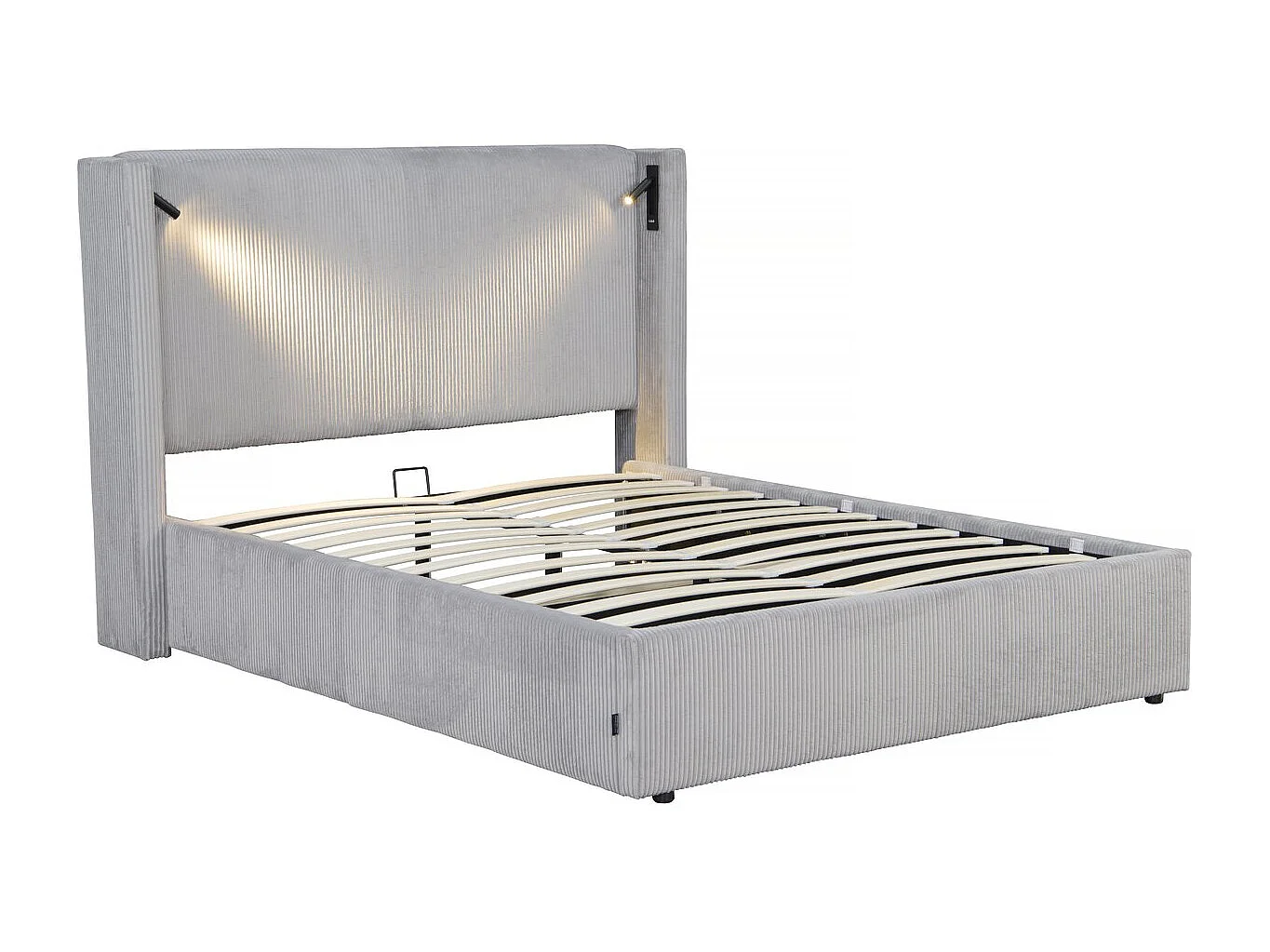 Lit double en velours côtelé avec coffre et lampe intégré "Cortina" - 160 x 200 cm - Gris