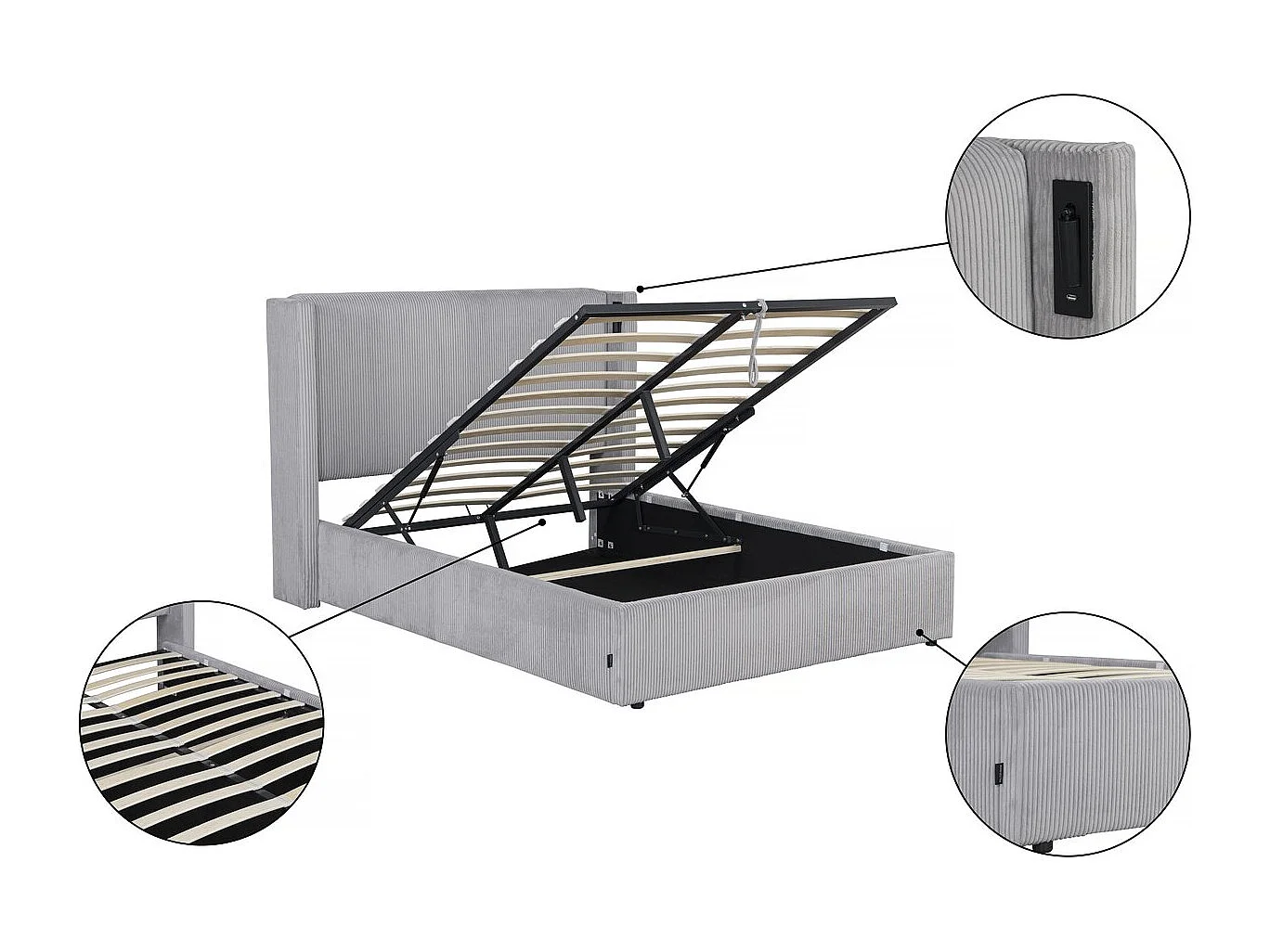 Tweepersoonsbed van geribbeld fluweel met opbergruimte en geïntegreerde lamp "Cortina" - Grijs