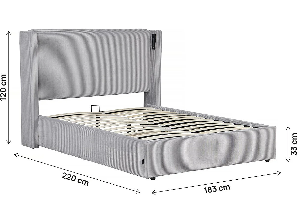 Lit double en velours côtelé avec coffre et lampe intégré "Cortina" - 160 x 200 cm - Gris