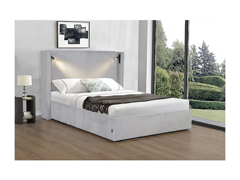 Lit double en velours côtelé avec coffre et lampe intégré "Cortina" - 160 x 200 cm - Gris