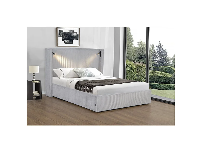 Doppelbett aus Cord mit Bettkasten und integrierter Lampe "Cortina" - 140 x 190 cm - Grau
