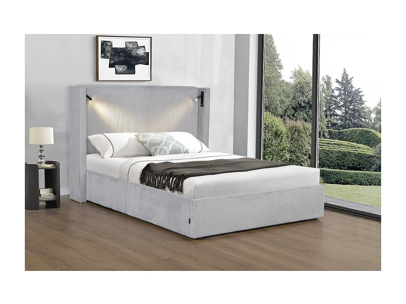 Letto matrimoniale in velluto a coste con cassettiera integrata e lampada "Cortina" - 140 x 190 cm - Grigio