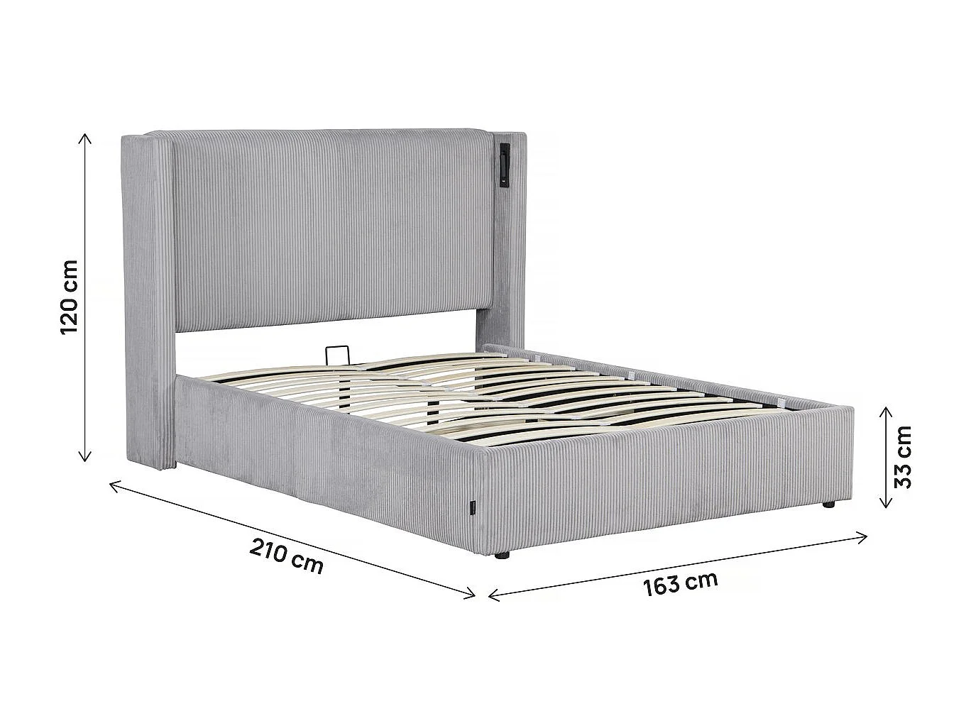 Letto matrimoniale in velluto a coste con cassettiera integrata e lampada "Cortina" - 140 x 190 cm - Grigio