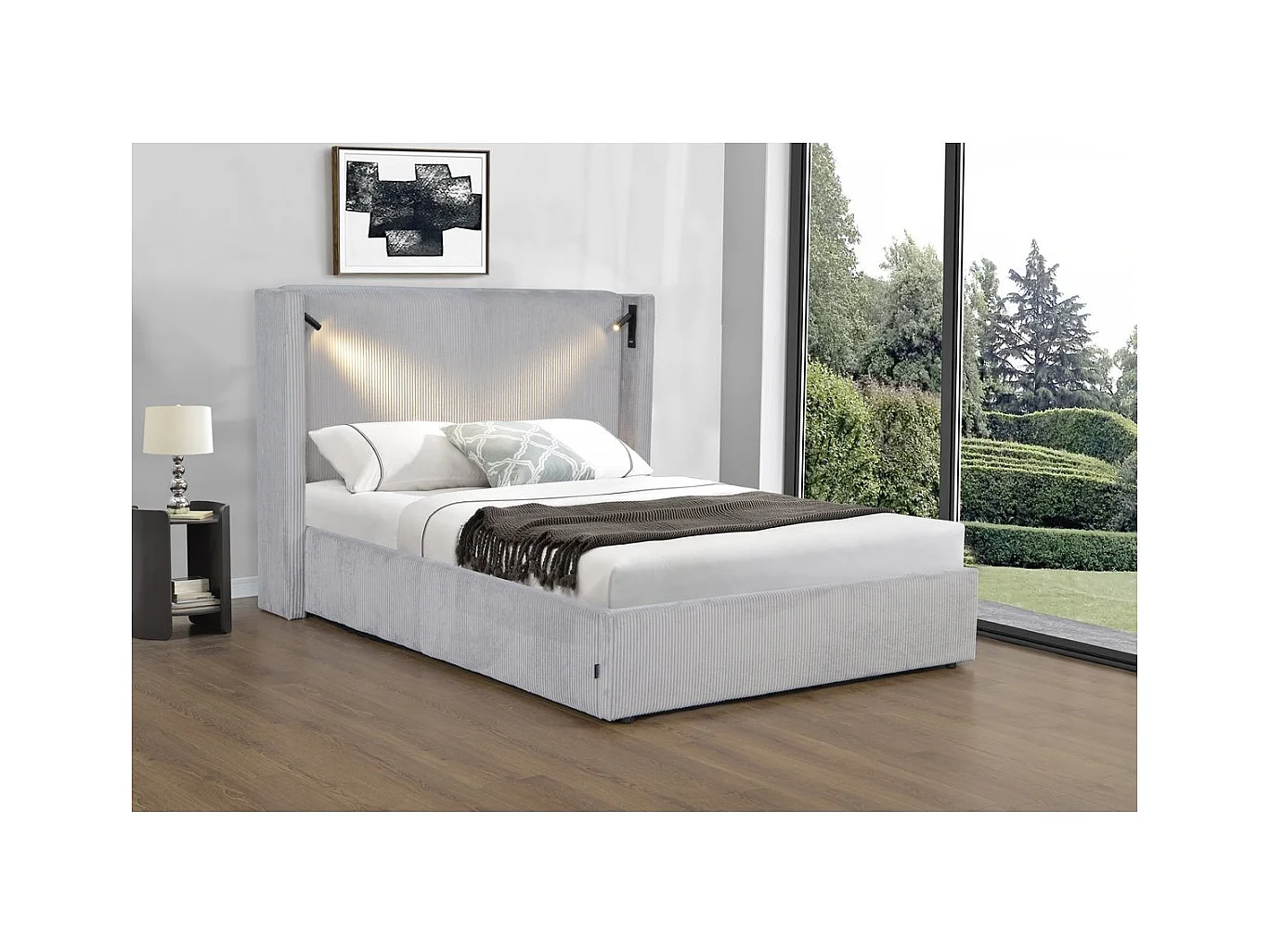 Lit double en velours côtelé avec coffre et lampe intégré "Cortina" - 140 x 190 cm - Gris