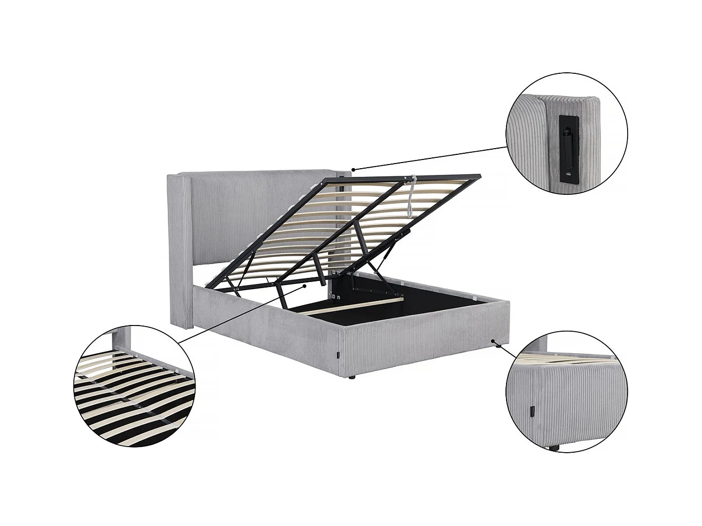 Lit double en velours côtelé avec coffre et lampe intégré "Cortina" - 140 x 190 cm - Gris