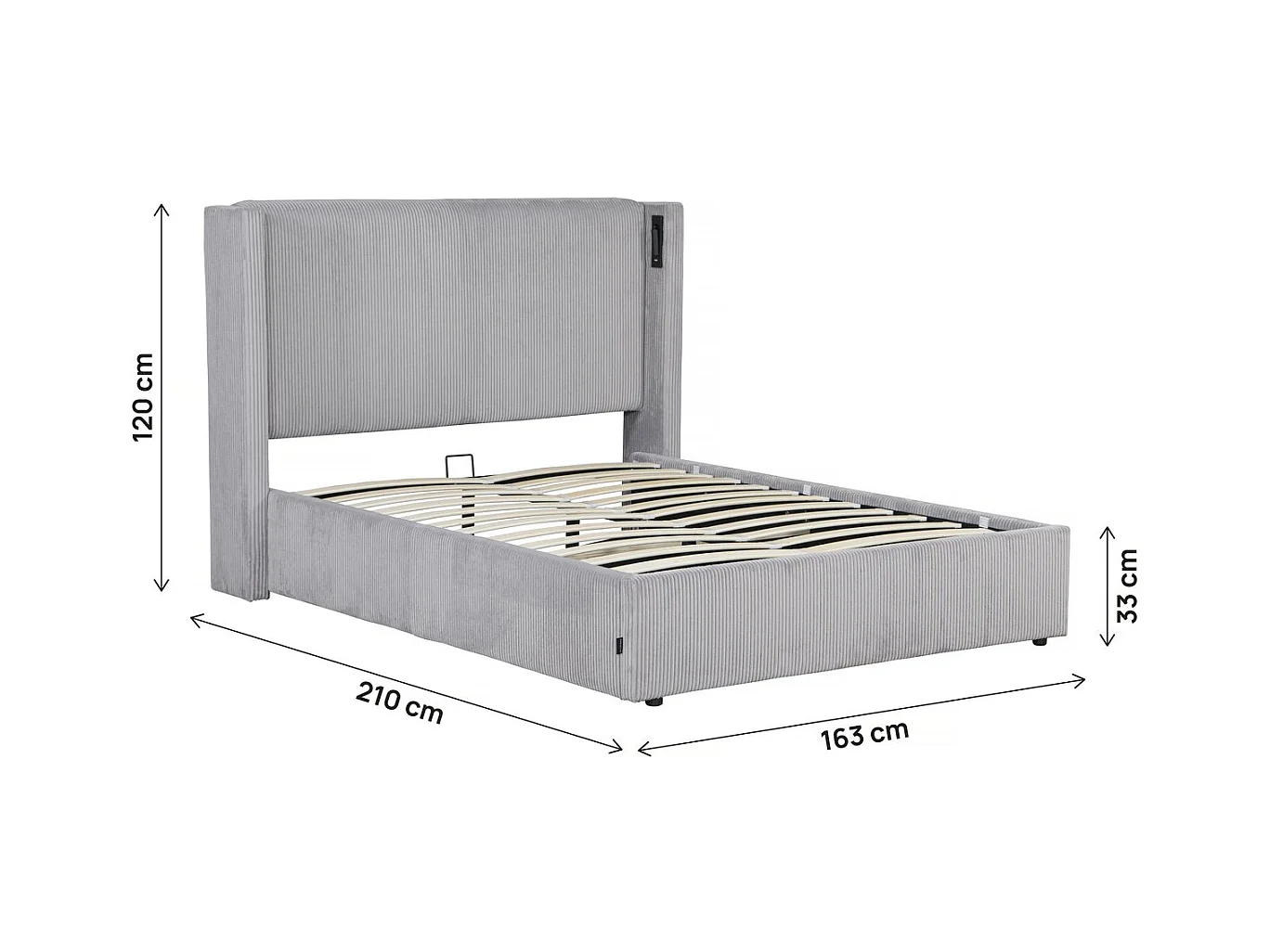 Lit double en velours côtelé avec coffre et lampe intégré "Cortina" - 140 x 190 cm - Gris