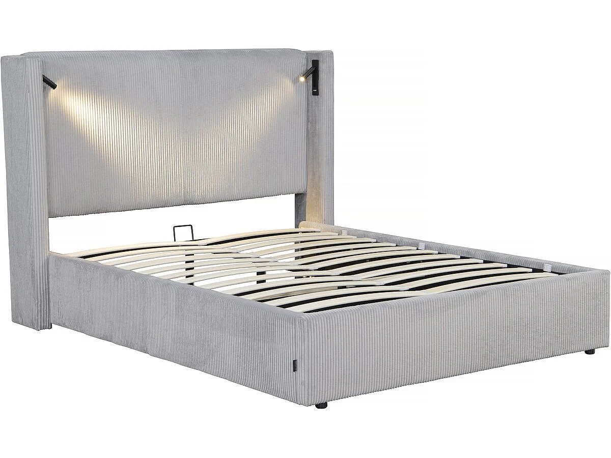 Letto matrimoniale in velluto a coste con cassettiera integrata e lampada "Cortina" - 140 x 190 cm - Grigio