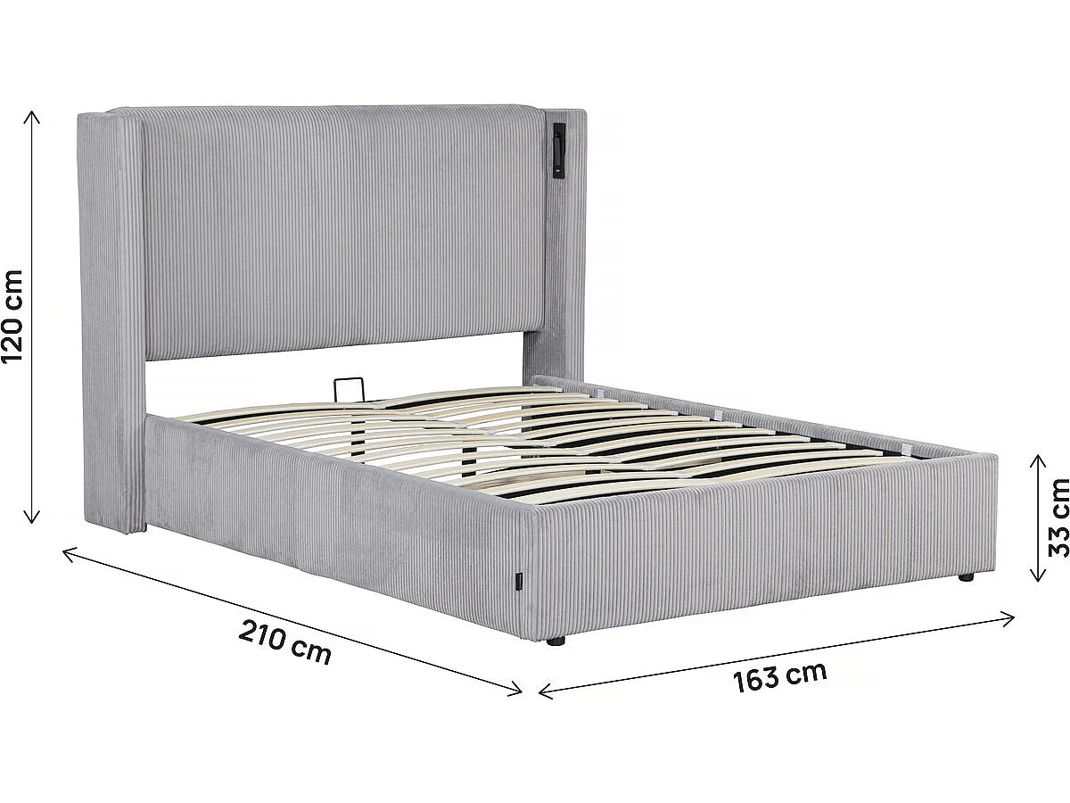 Letto matrimoniale in velluto a coste con cassettiera integrata e lampada "Cortina" - 140 x 190 cm - Grigio