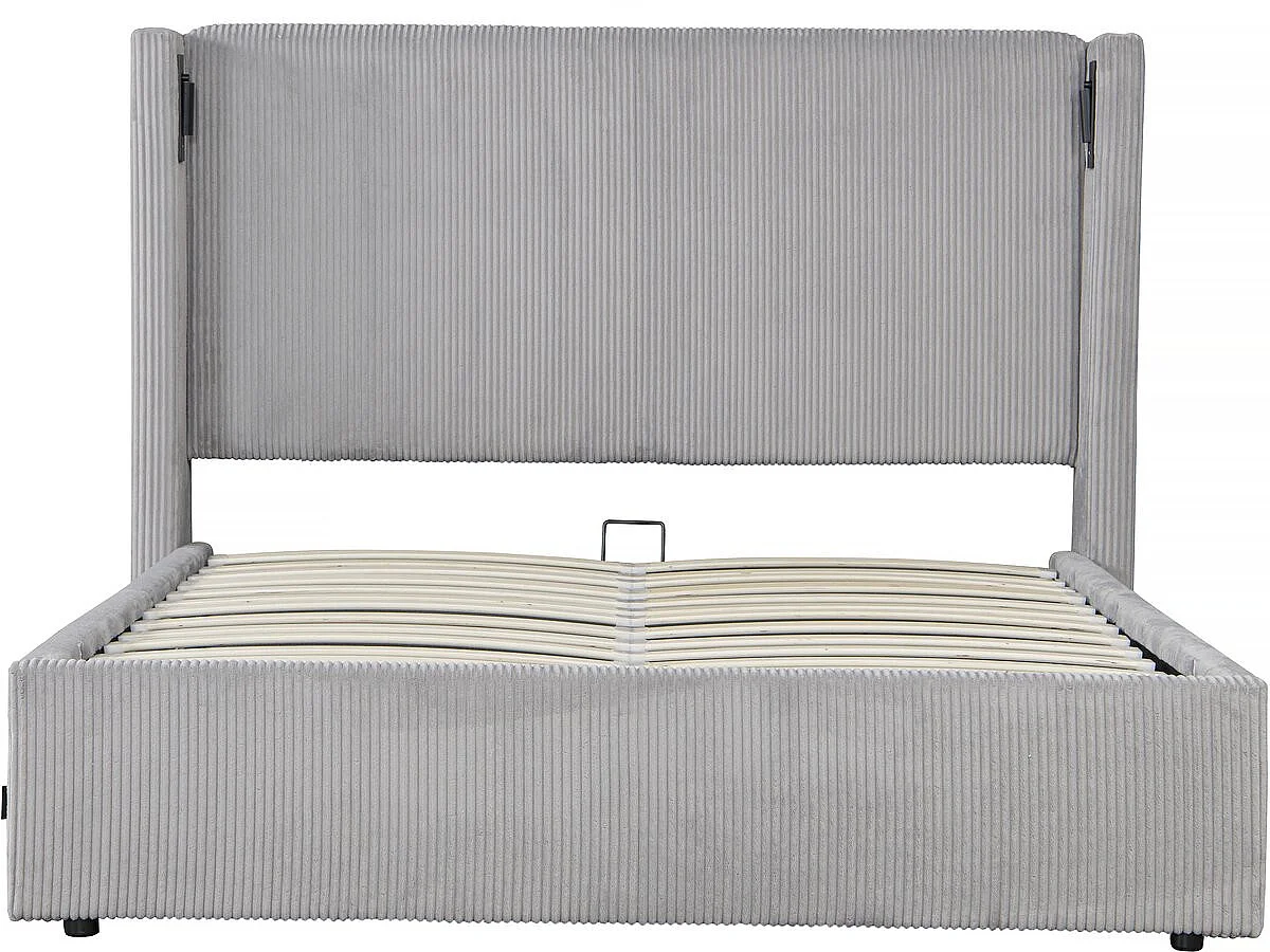 Letto matrimoniale in velluto a coste con cassettiera integrata e lampada "Cortina" - 140 x 190 cm - Grigio