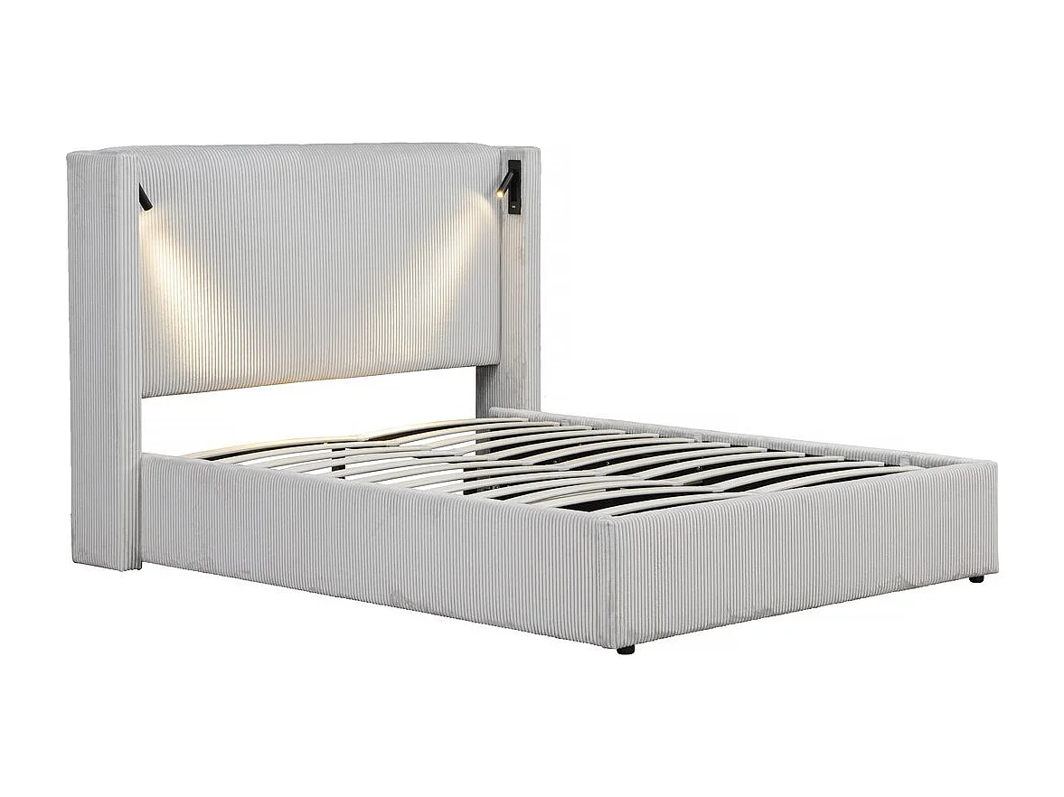 Doppelbett aus Cord mit Bettkasten und integrierter Lampe "Cortina" - 140 x 190 cm-  Beige