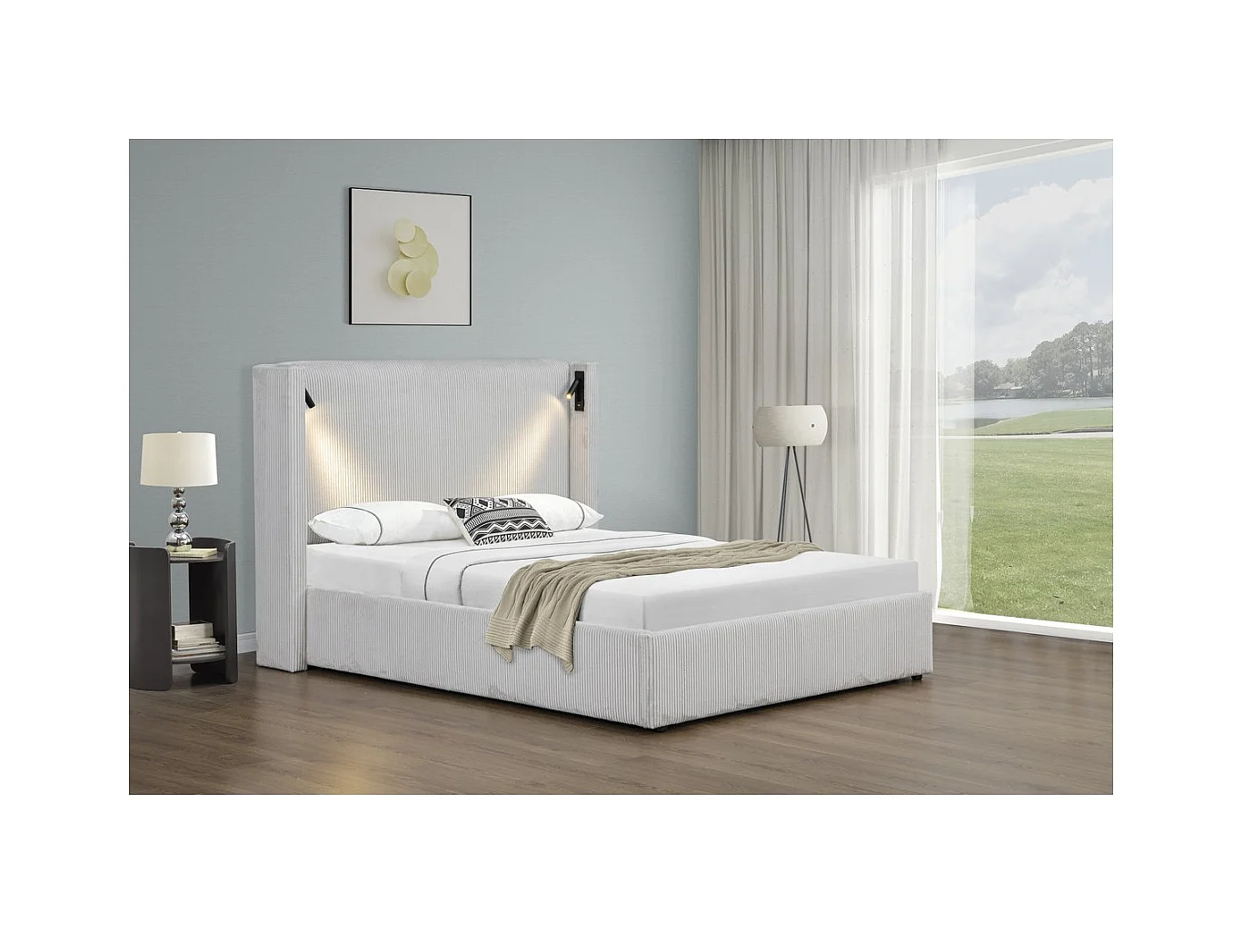 Lit double en velours côtelé avec coffre et lampe intégré "Cortina" - 140 x 190 cm-  Beige