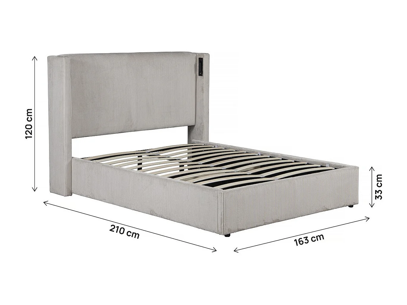 Tweepersoonsbed van geribbeld fluweel met opbergruimte en geïntegreerde lamp "Cortina" - 140 x 190 cm - Beige