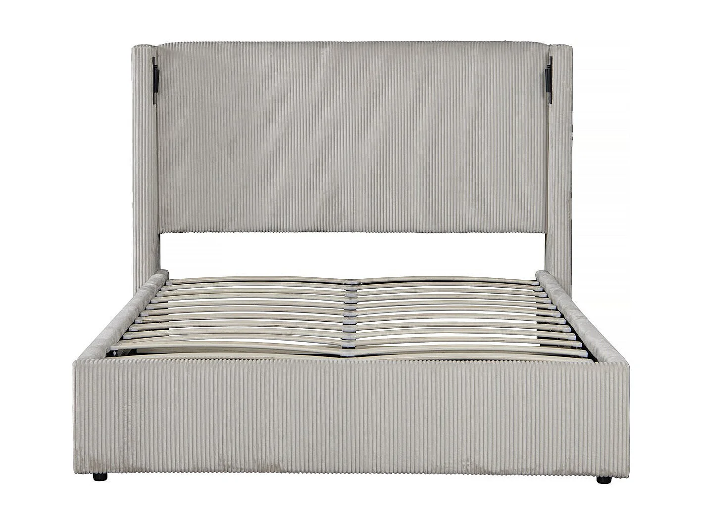 Tweepersoonsbed van geribbeld fluweel met opbergruimte en geïntegreerde lamp "Cortina" - 140 x 190 cm - Beige
