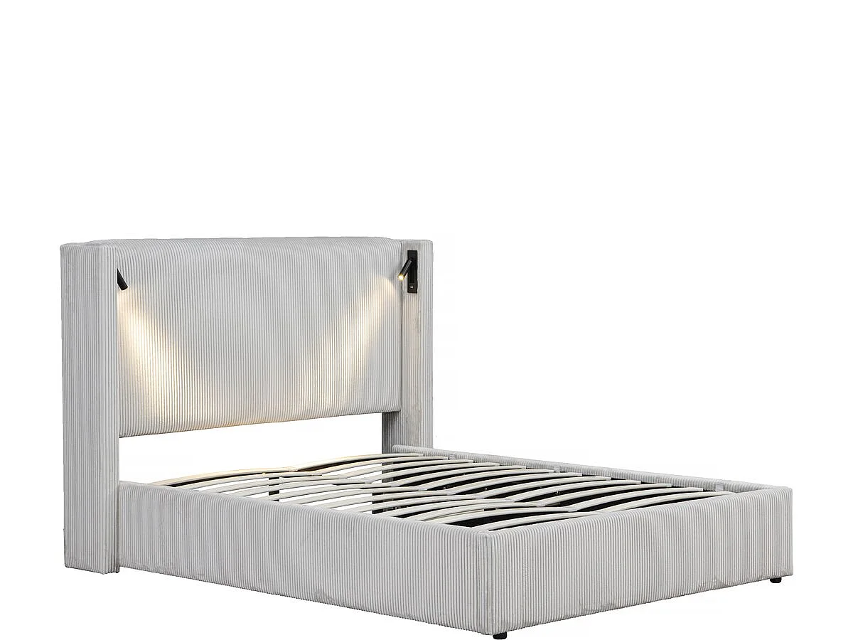 Lit double en velours côtelé avec coffre et lampe intégré "Cortina" - 140 x 190 cm-  Beige