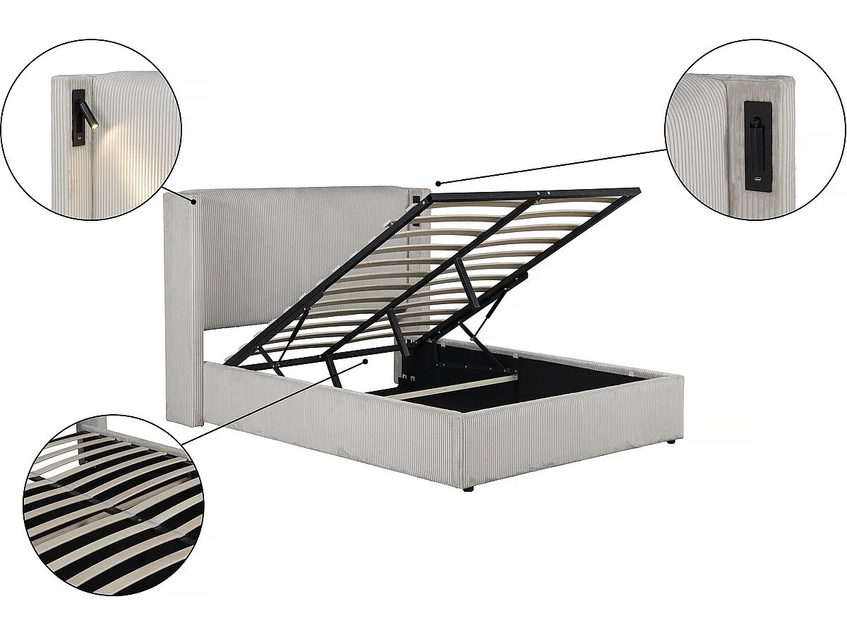 Lit double en velours côtelé avec coffre et lampe intégré "Cortina" - 140 x 190 cm-  Beige