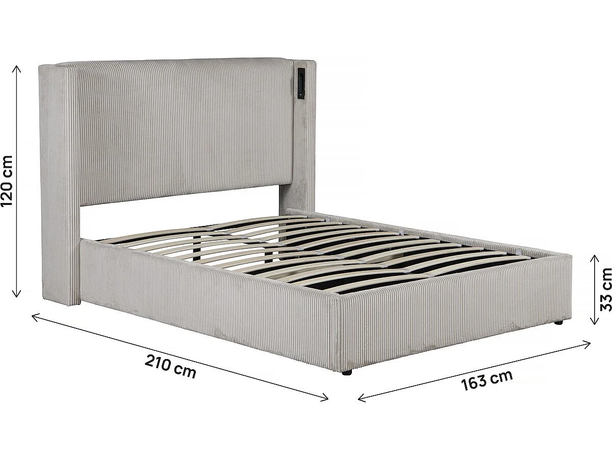 Lit double en velours côtelé avec coffre et lampe intégré "Cortina" - 140 x 190 cm-  Beige