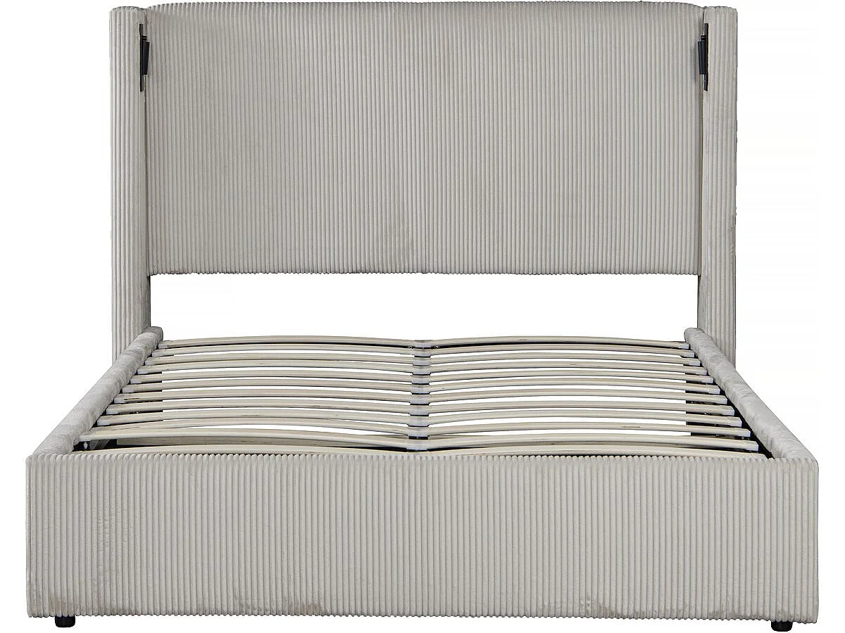 Lit double en velours côtelé avec coffre et lampe intégré "Cortina" - 140 x 190 cm-  Beige