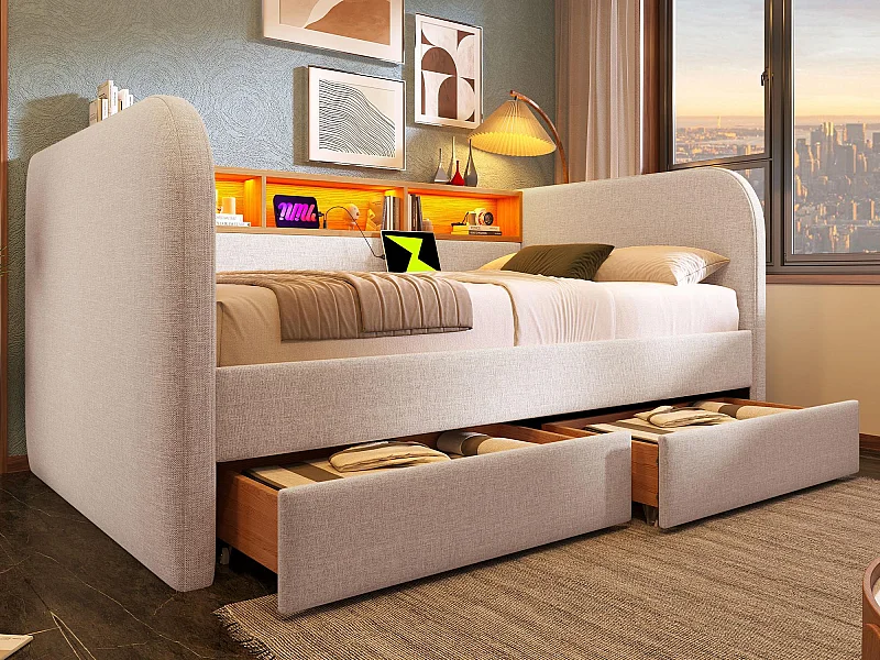 Łóżko z kanapą z 2 szufladami - tkanina lniana - 140x190 cm - z LED i funkcją ładowania - Beżowy